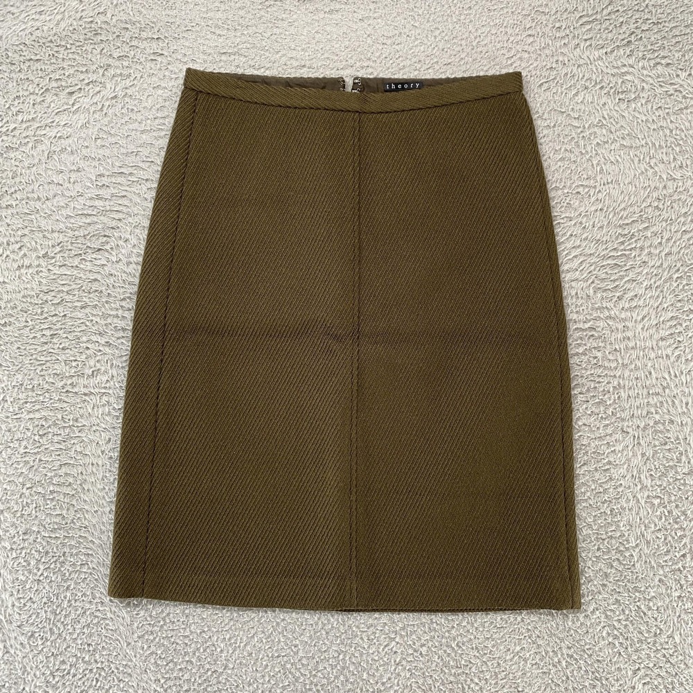 Theory Skirt Womens 2 Olive Green Wool Pencil Knee Length‎ Lined Work Office